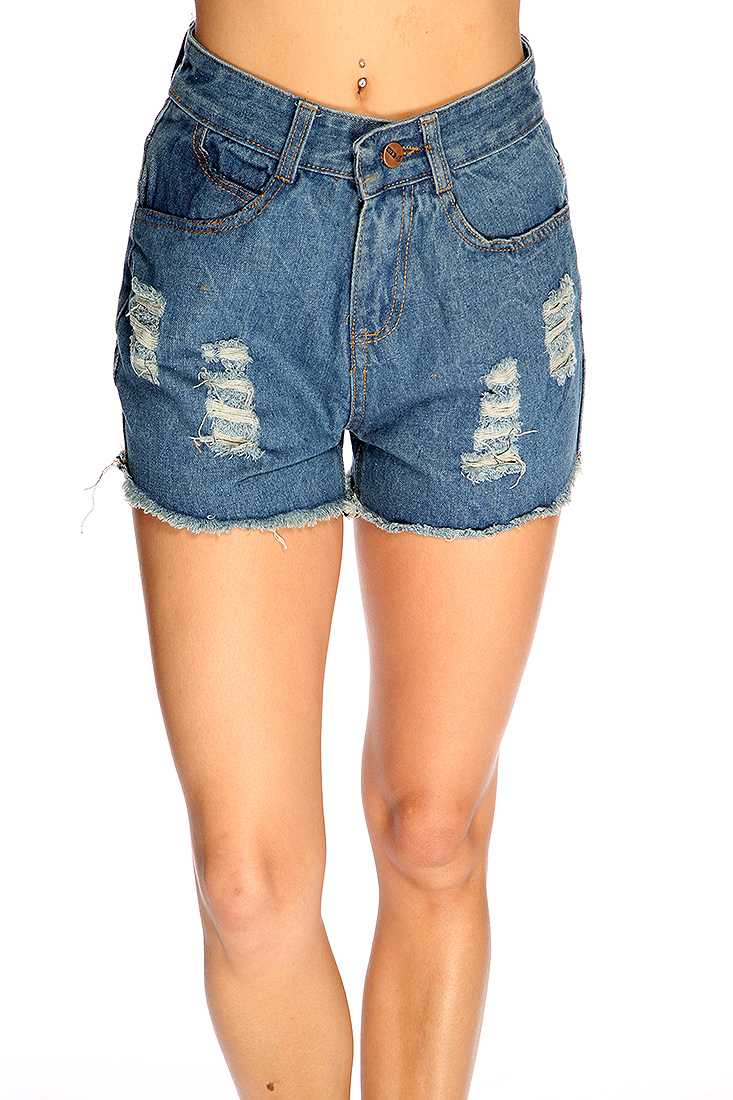 Blue Distressed High Waist Denim Shorts