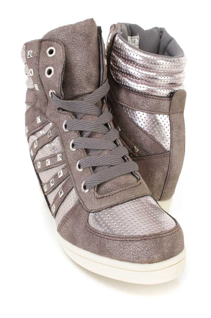 Grey Lace Up Studded Sneaker Wedges Faux Leather