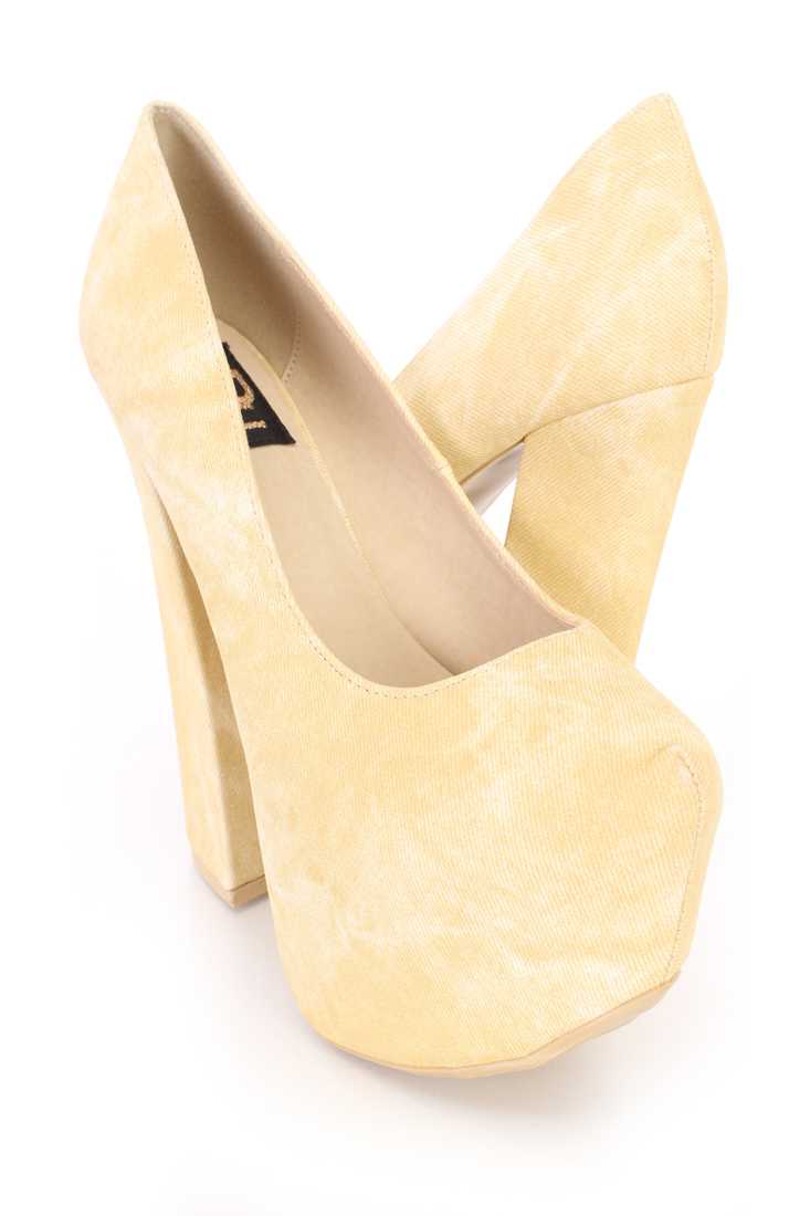 Yellow Stone Wash Chunky Platform Pump Heels Faux Leather