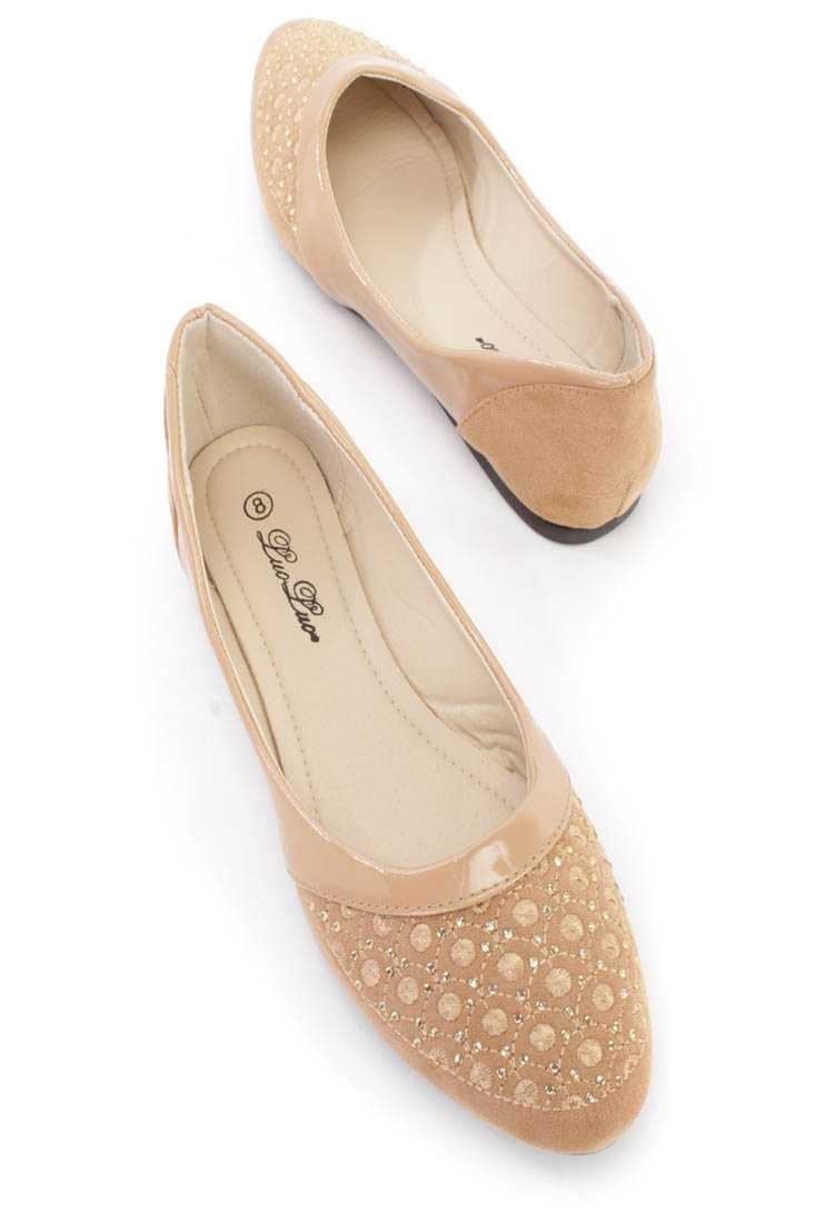 Camel Embroidered Rhinestone Design Flats Faux Suede