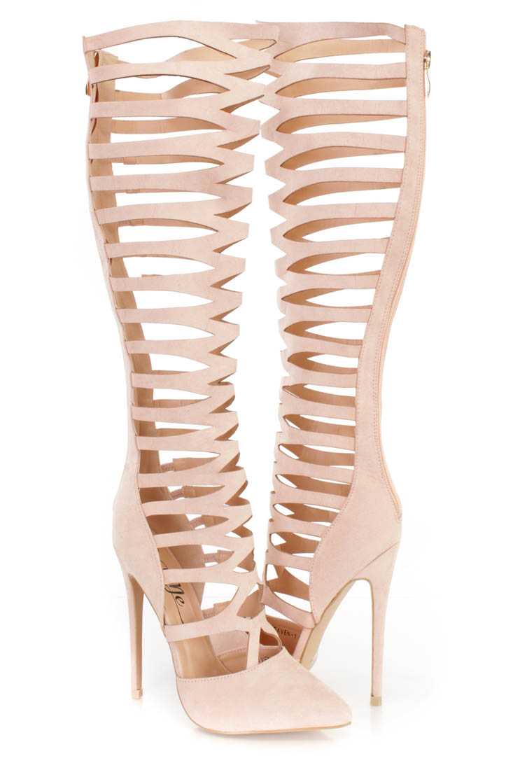 Blush Strappy Single Sole Gladiator Heel Boots Faux Suede