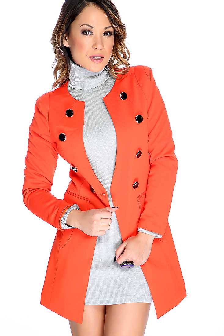 Orange Button Up Closure Long Sleeves Coat