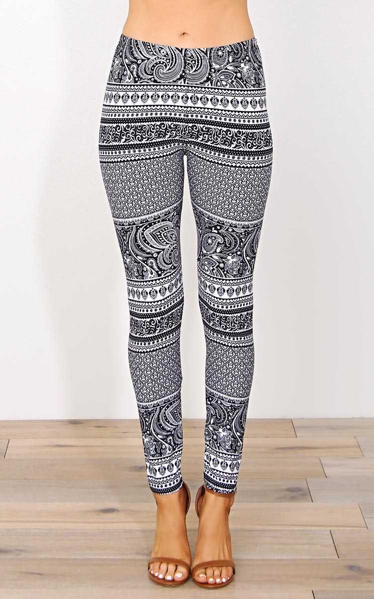 Paisley Border Soft Knit Leggings - N/S - Black/White by Styles For Less