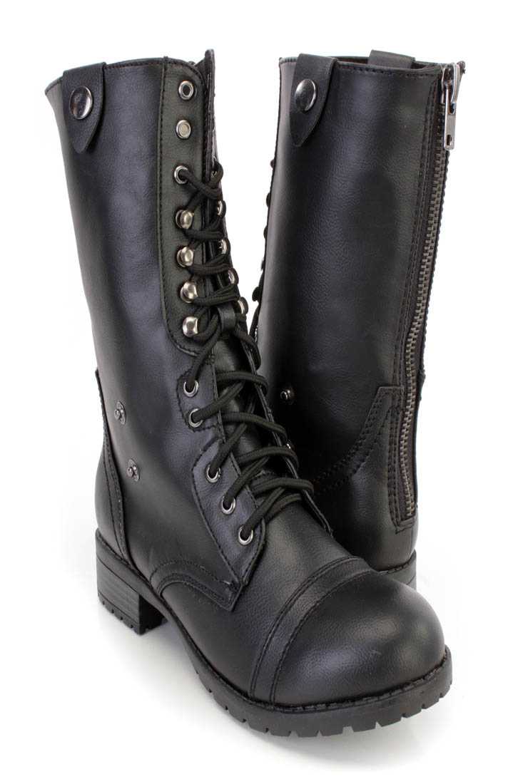 Black Lace Up Combat Boots Faux Leather