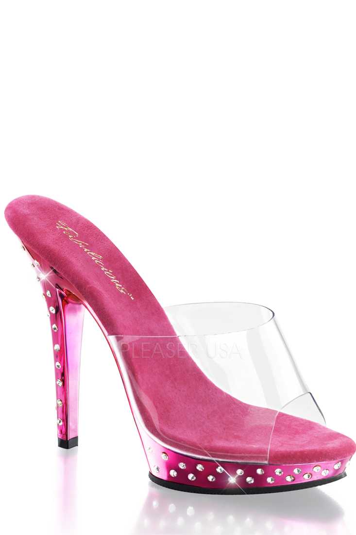 Clear Hot Pink Chrome Rhinestone Peep Toe High Heels PVC