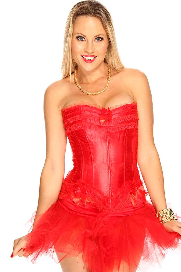 Red Mesh Bow Accent Strapless Sweetheart 3Pc. Corset Outfit