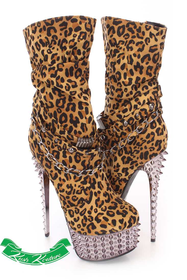 Leopard Slouchy Strappy Spiked Boots Faux Suede