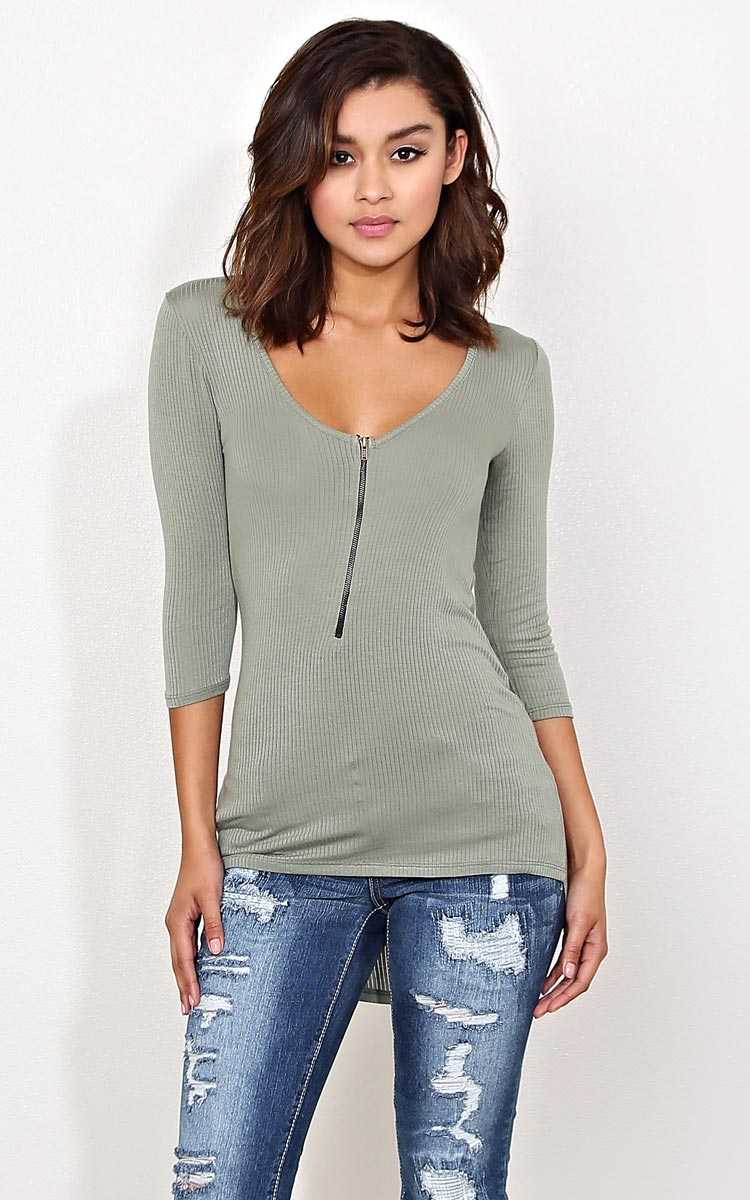 Zip Through It Rib Knit Top - - Sage in Size by Styles For Less