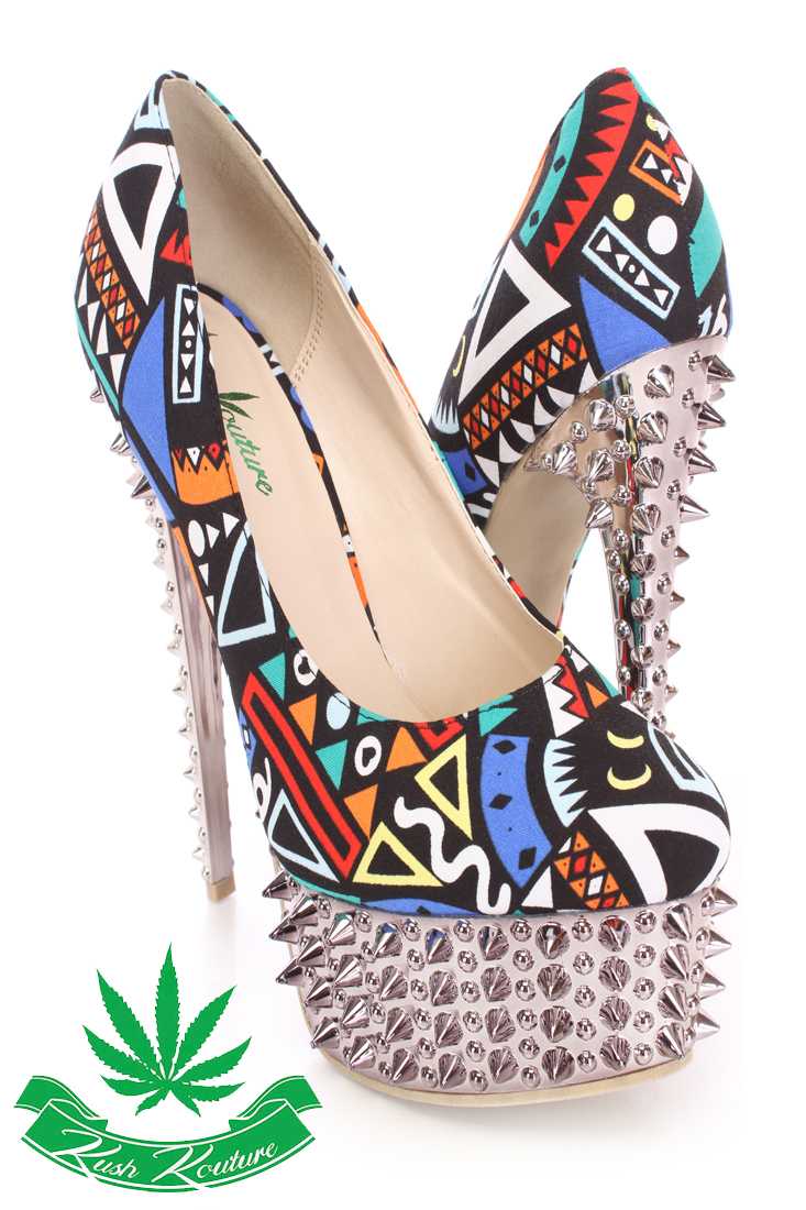 Black Multi Print Pump High Heels Fabric