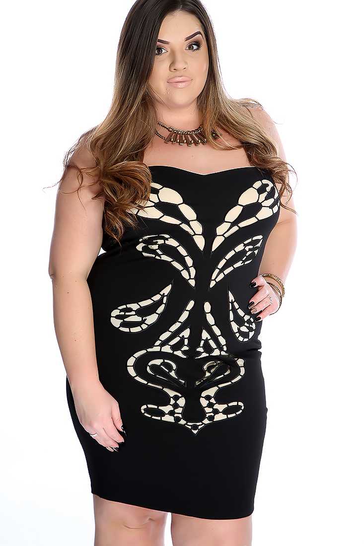 Sexy Black Plus Size Strapless Crotchet Detail Party Dress