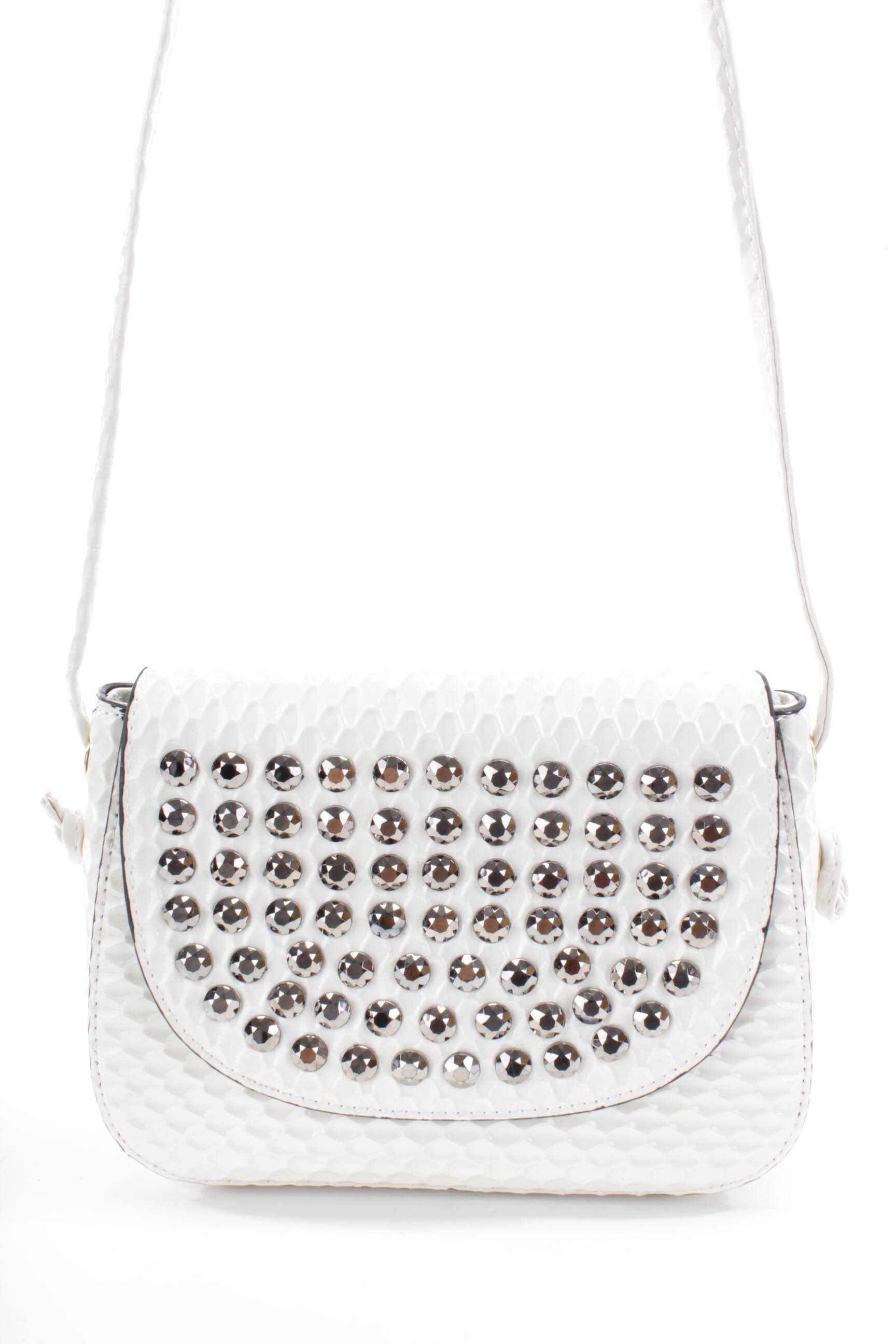 White Patent Faux Leather Faceted Beaded Handbag