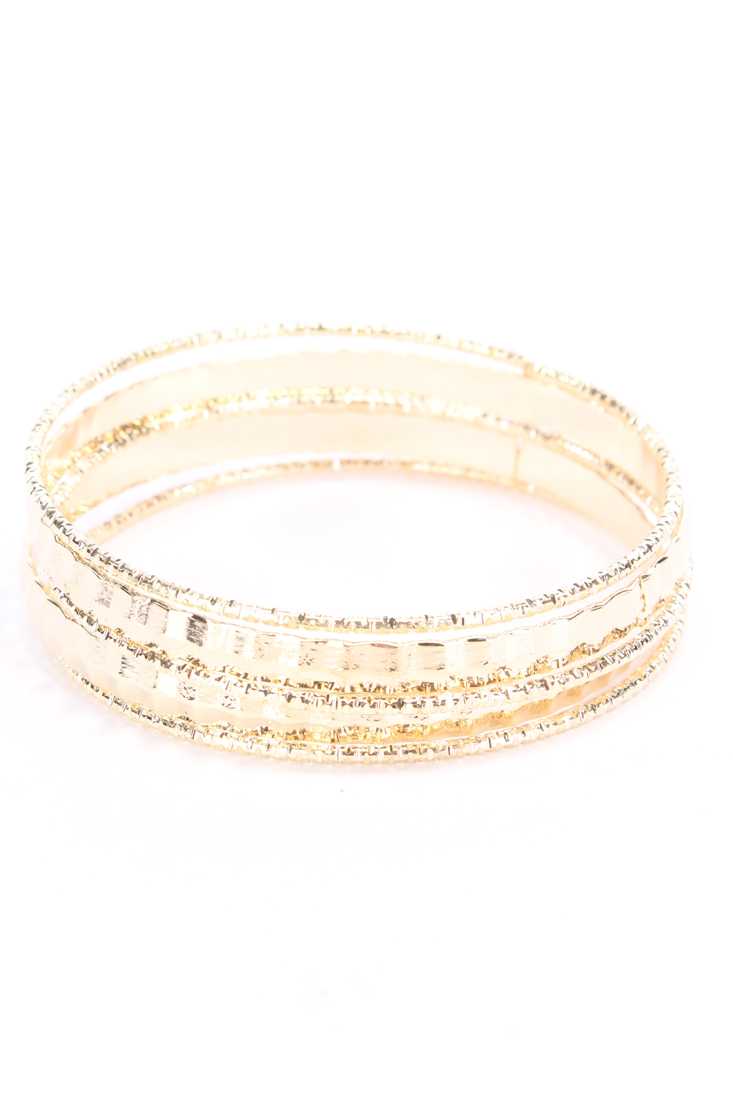 Gold High Polish Carved Detail Slender Design Bracelet Set