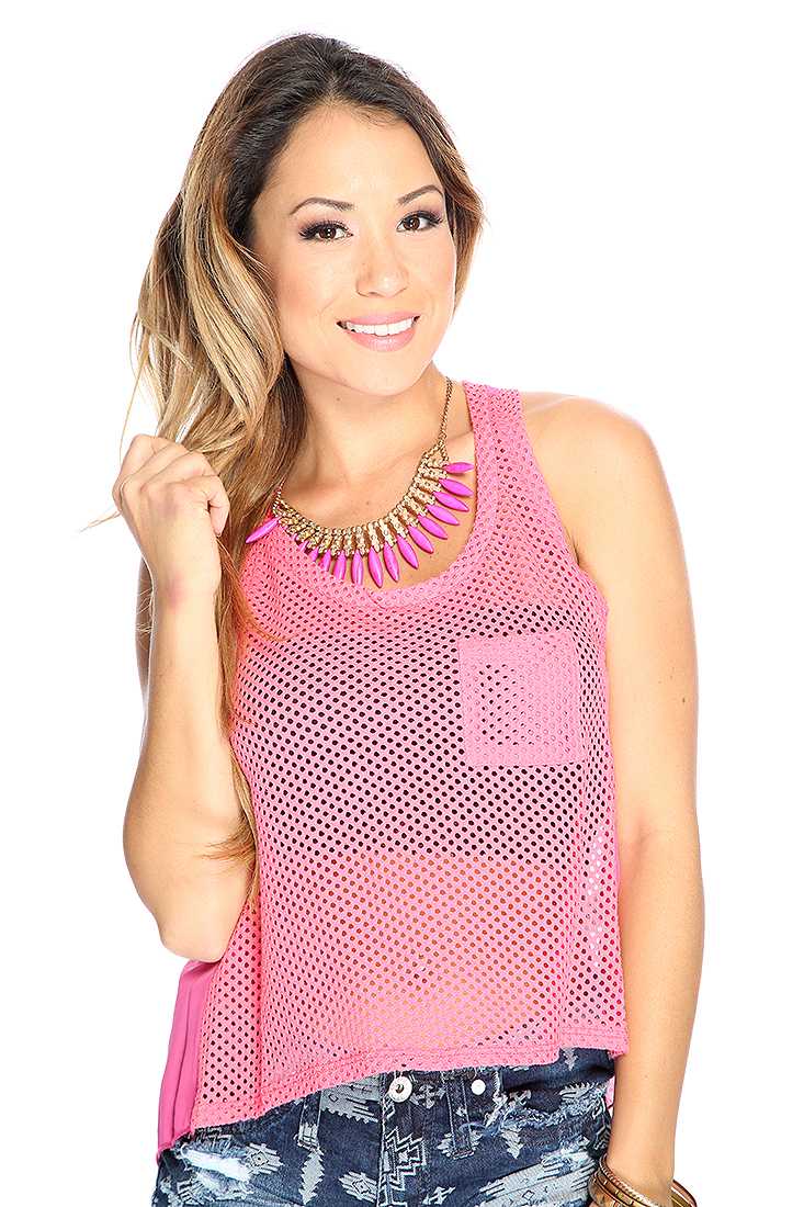 Casual Sleeveless Netted Pink Top