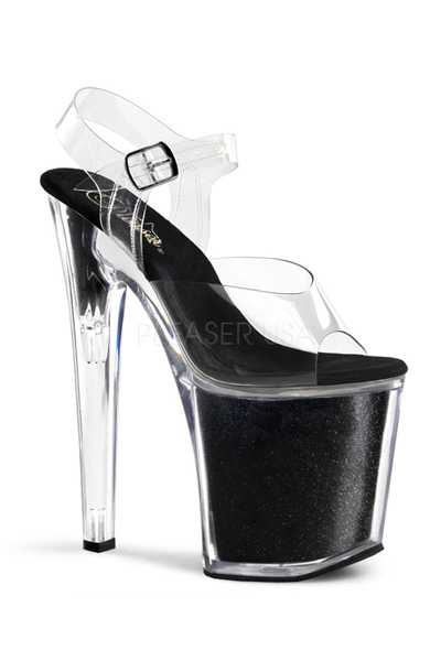 Clear Black Strappy Glitter Platform High Heels