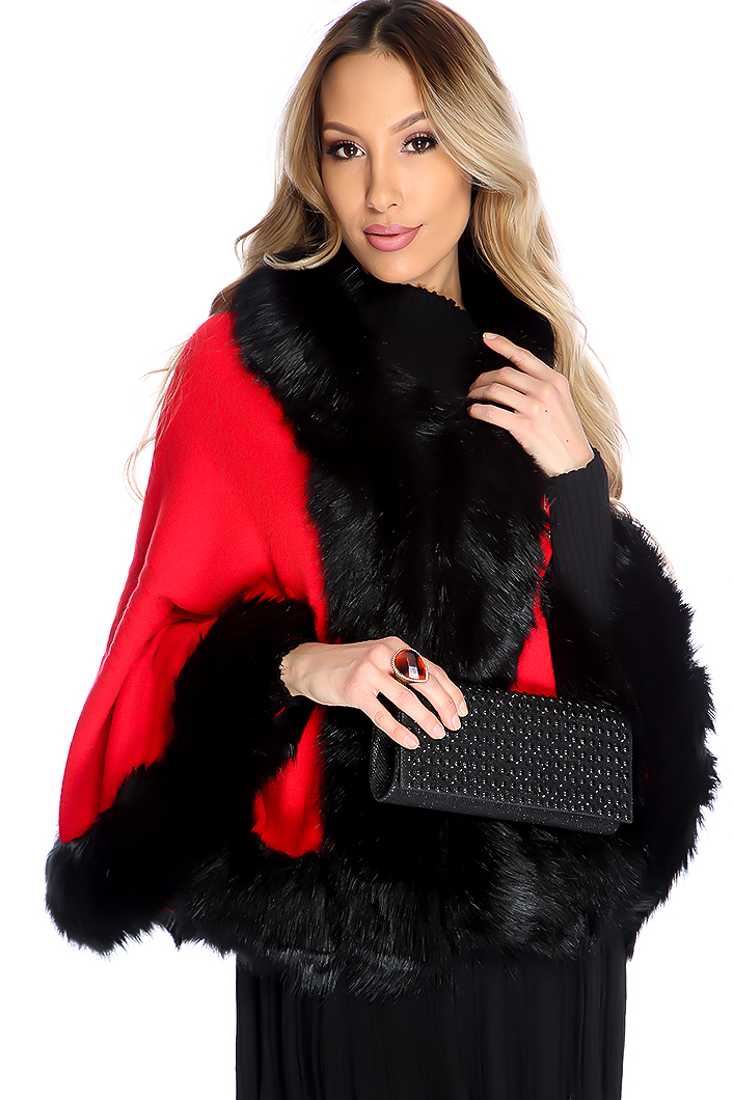 Red Black Embossed Design Faux Leather Trim Shawl