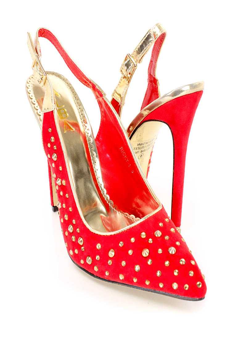 Red Gold Rhinestone Studded Decor Sling Back Pump High Heels Faux Suede