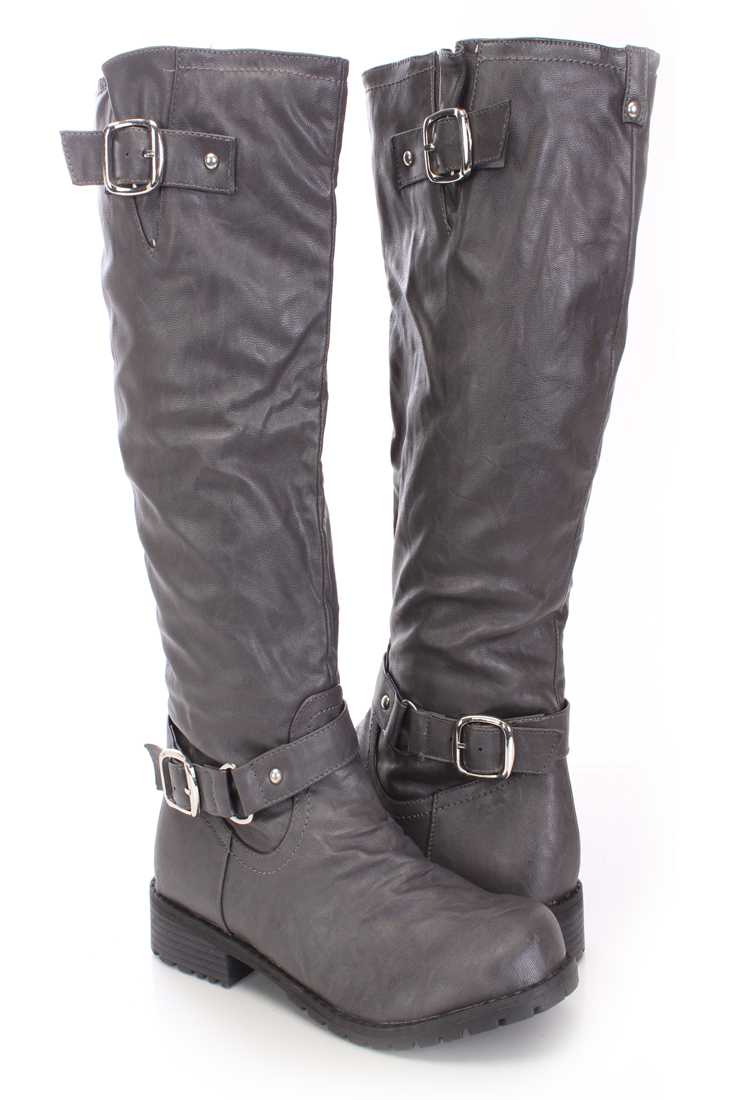 Grey Knee High Combat Boots Faux Leather