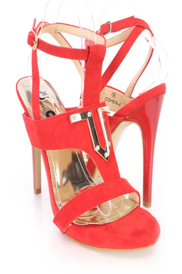 Red Wrap Around Strap Open Toe High Heels Faux Suede