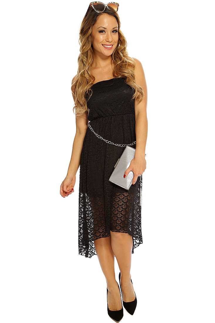 Black Strapless Netted High Low Hem Cute Party Sun Dress