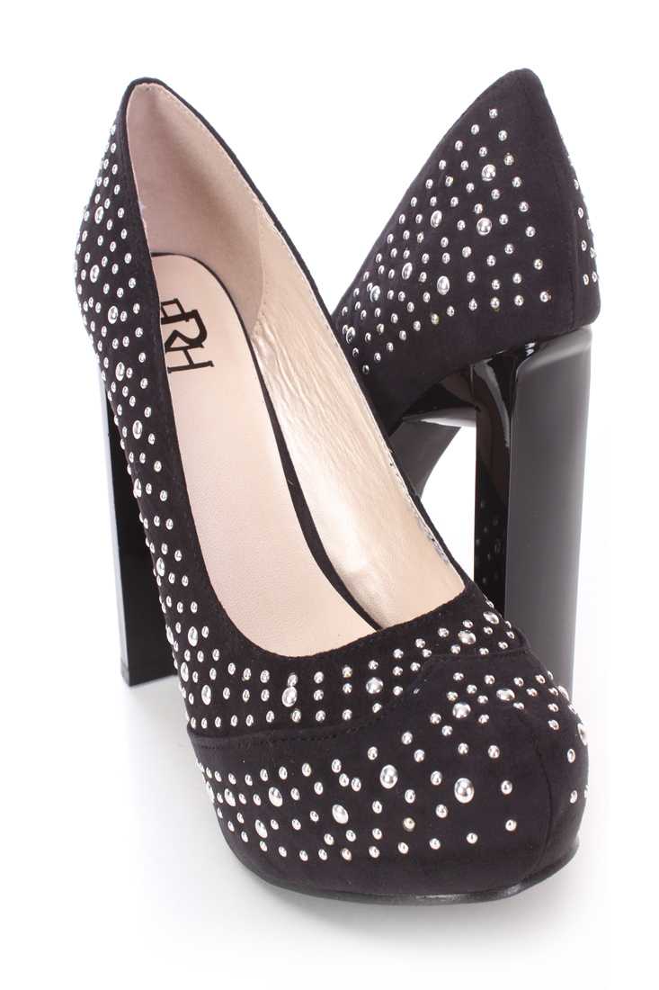 Black Studded Pump Heels Faux Suede