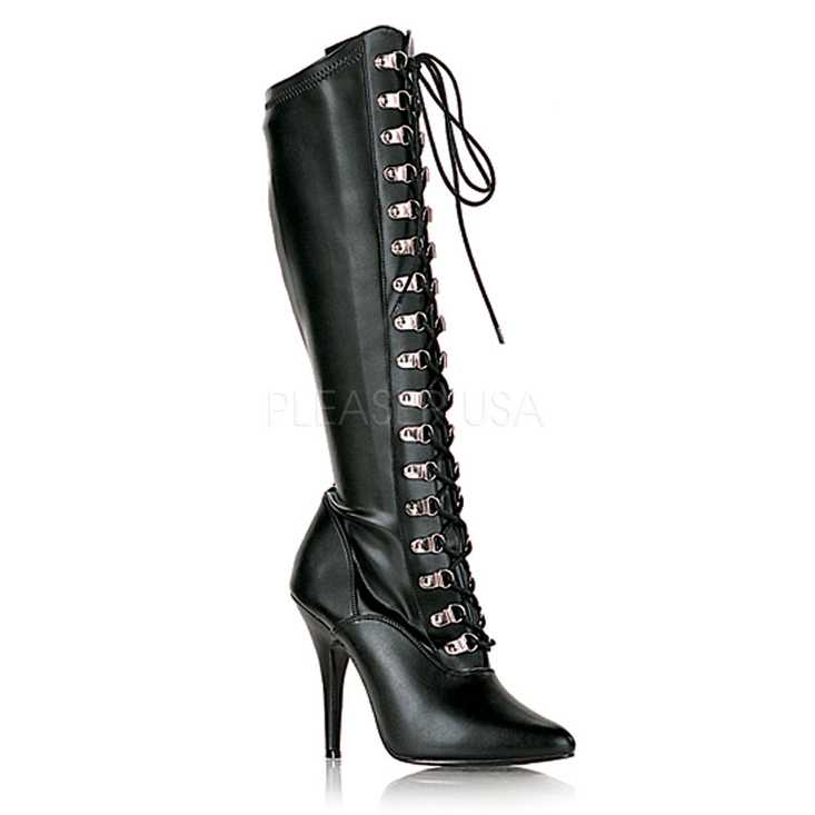 Black Lace Up Knee High Boots Faux Leather