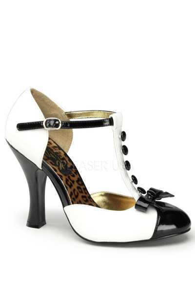 White Black Patent Faux Leather T Strap High Heels