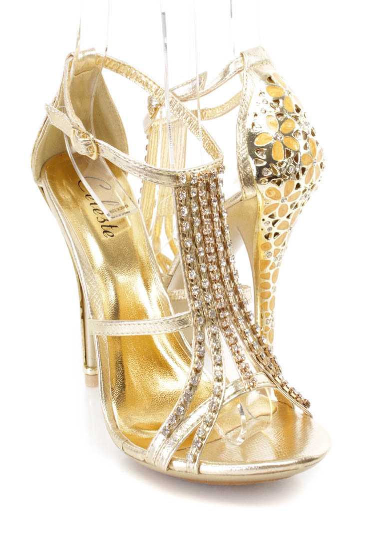 Gold Rhinestone Strappy High Heels Faux Leather