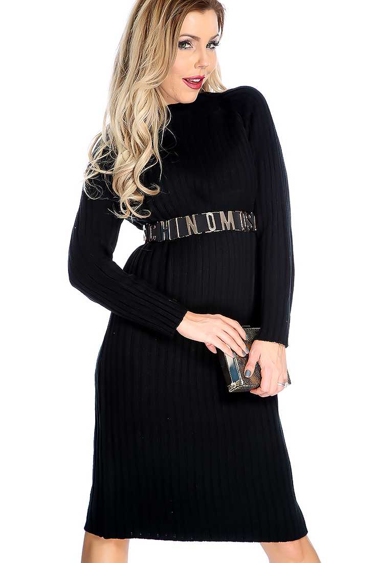 Sexy Black Knitted Ribbed Long Sleeve Sweater Dress