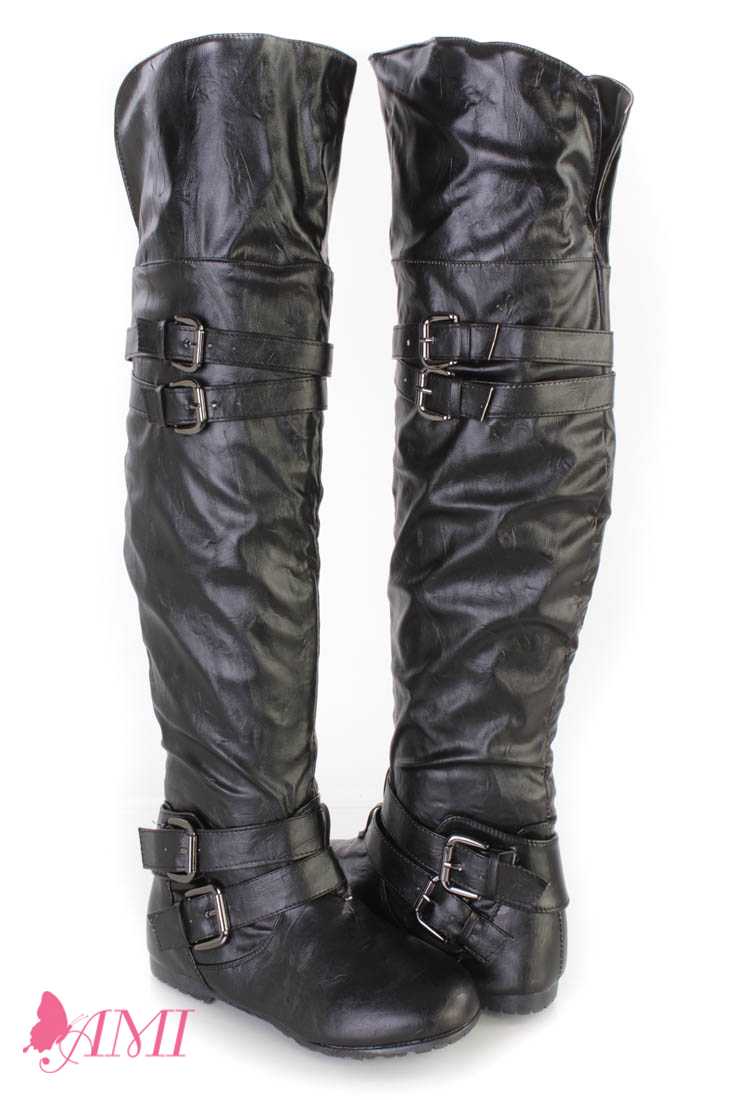 Black Buckle Accents Thigh High Flat Boots Faux Leather