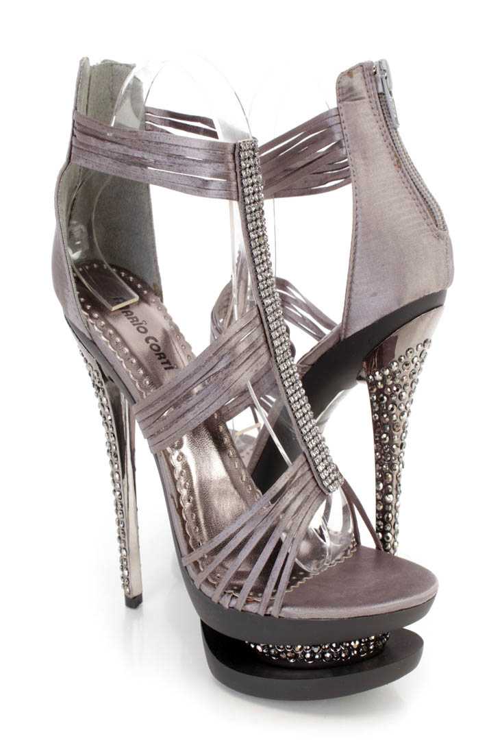 Pewter Rhinestone Strappy 6 Inch High Heels Satin