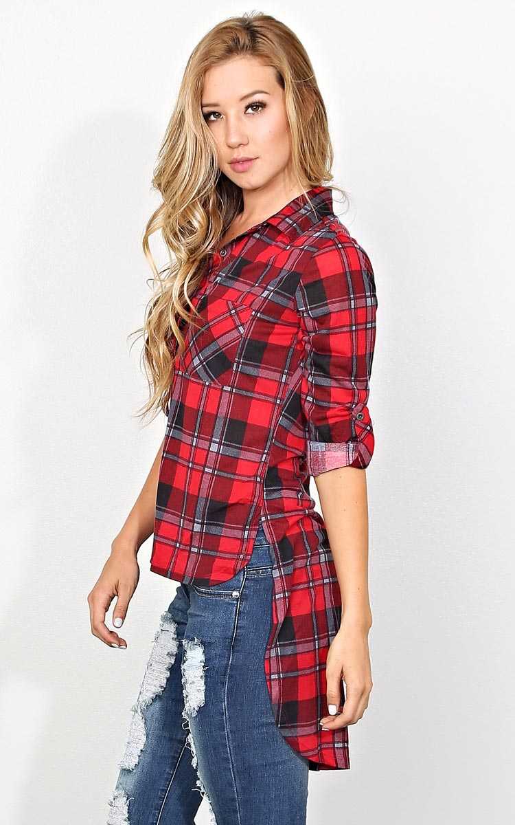 Payton High Low Knit Plaid Top - SML - Black Combo in Size Small by Styles For Less