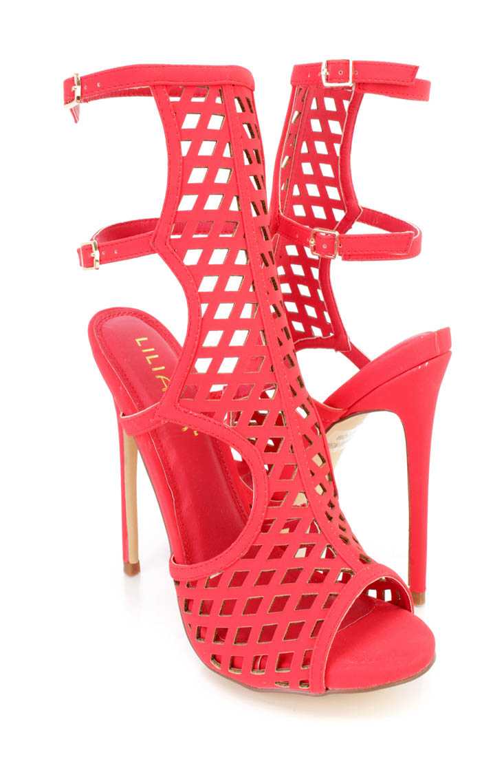 Red Cut Out Strappy Single Sole High Heels Nubuck