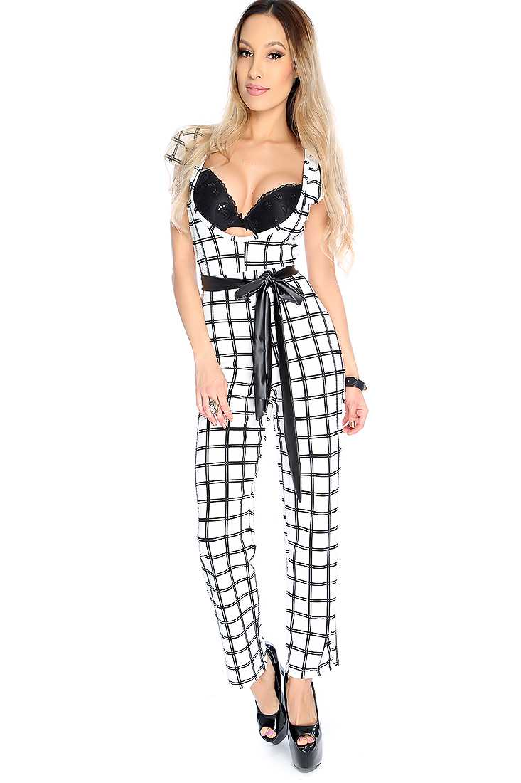 Sexy White Black Square Print Quarter Sleeve Jumpsuit