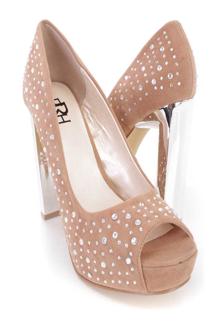Camel Rhinestone Peep Toe Pump High Heels Faux Suede