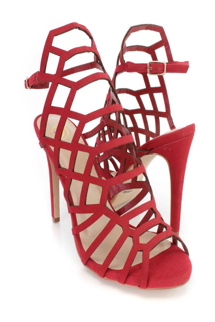 Red Strappy Single Sole High Heels Nubuck Faux Leather