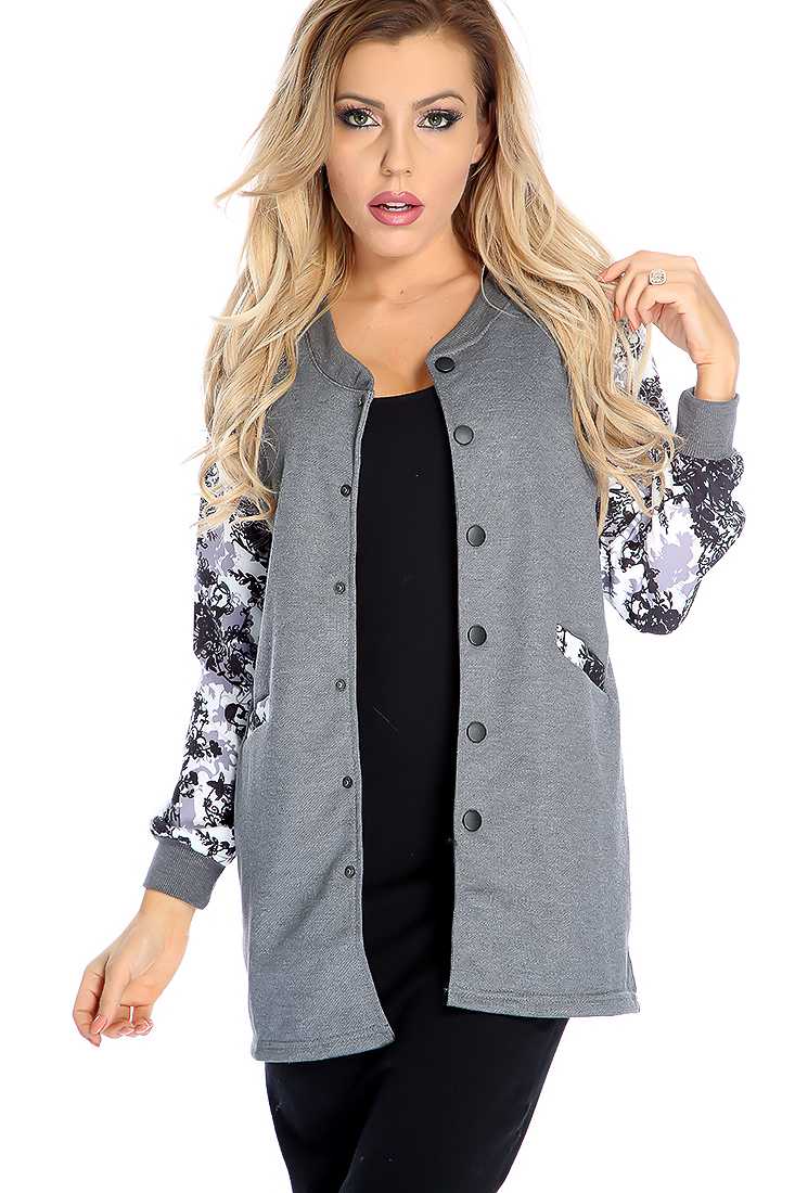 Warm Charcoal Long Flower Print Sleeve Button Up Jacket