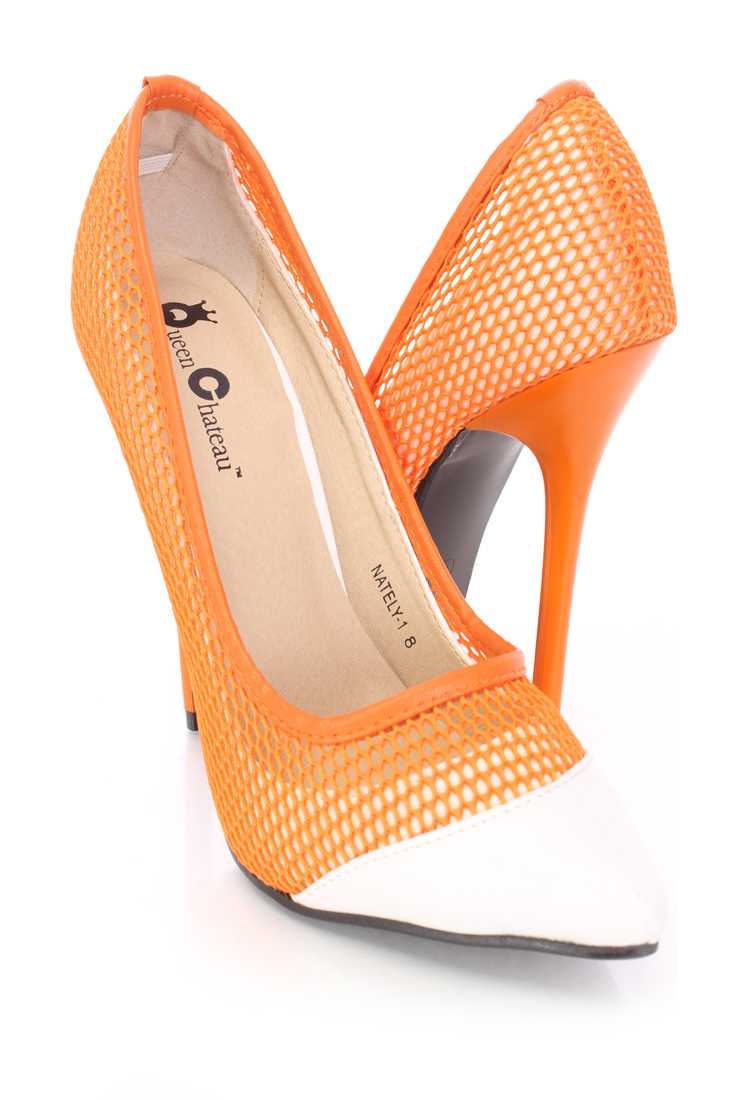 Orange Netted Two Tone Single Sole Pump High Heels Fabric