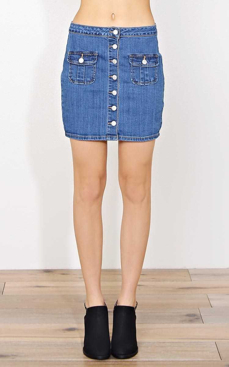 DJ Button Front Denim Skirt - - Med Wash in Size by Styles For Less