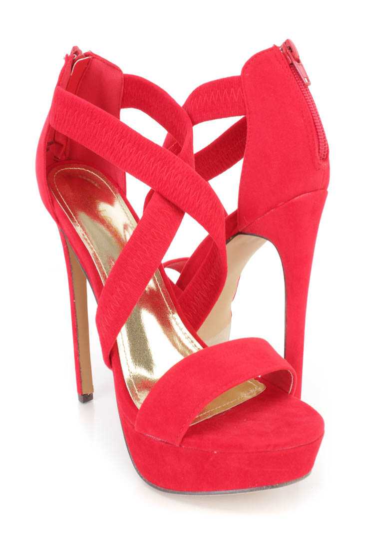 Red Cross Strappy Platform High Heels Faux Suede
