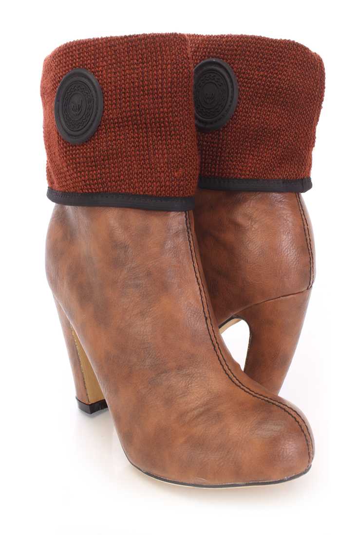Camel Knitted Cuffed Booties Faux Leather