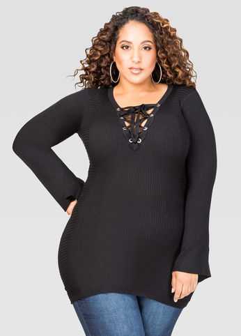 V-Neck Lace-Up Tunic Sweater