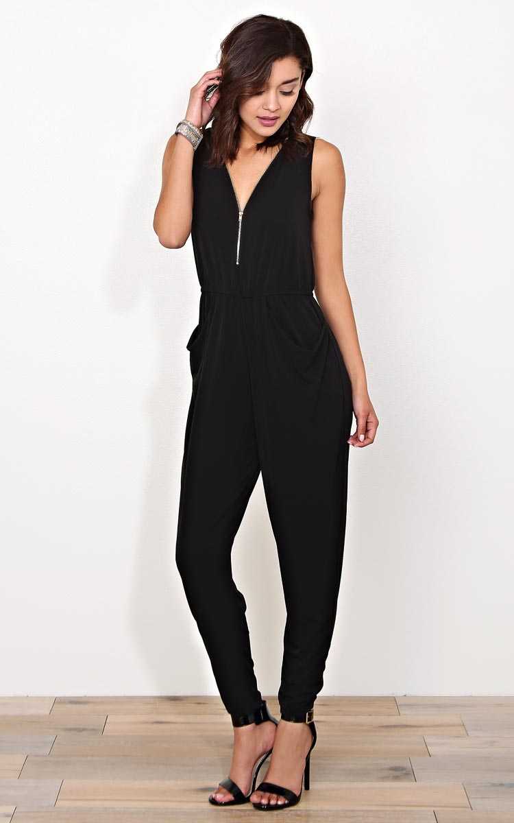 Front And Center Zip Up Knit Jumpsuit - - Black in Size by Styles For Less