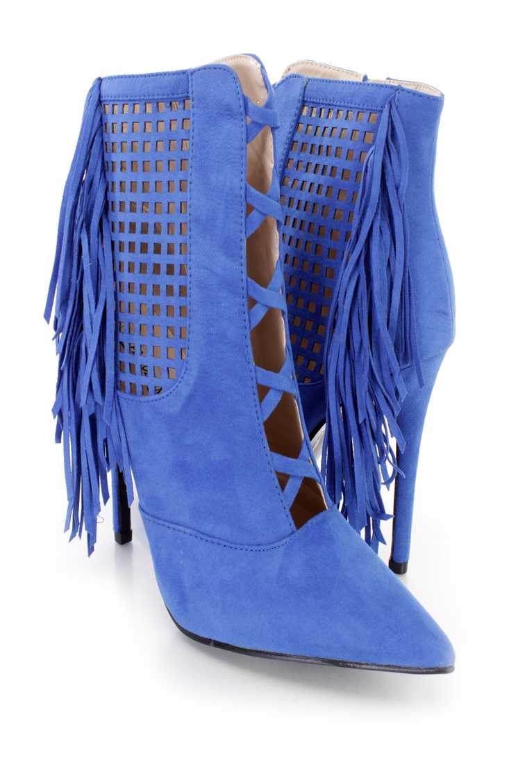 Royal Blue Perforated Fringe Ankle Booties Faux Suede