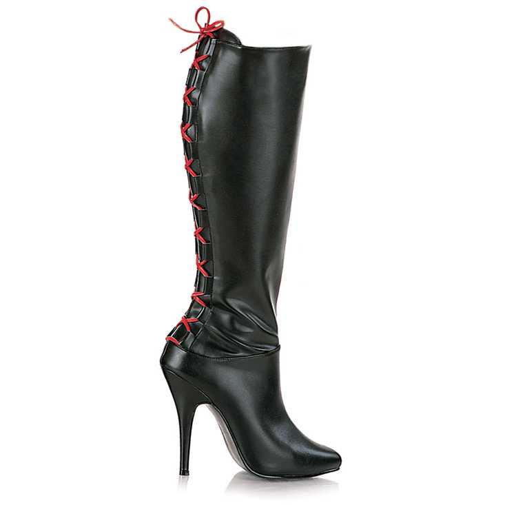 Black Corset Back Knee High Boots Faux Leather