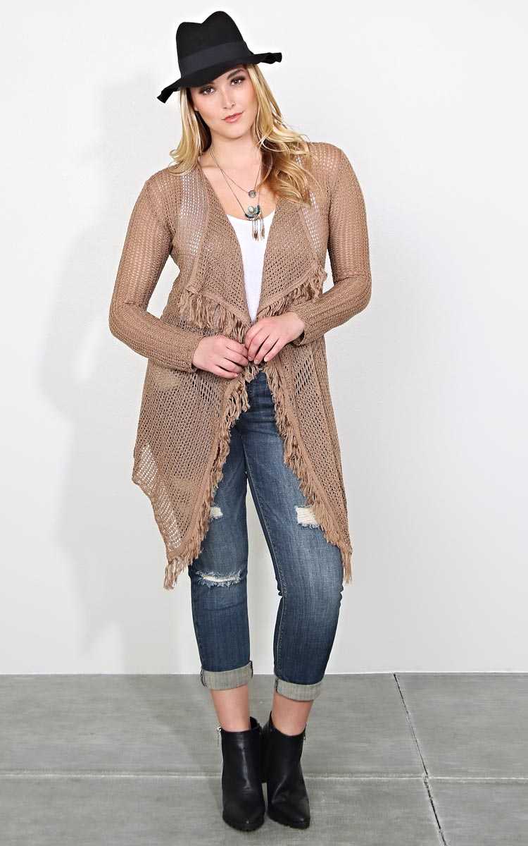 Plus Size Fallon Fringe Knit Wrap - Mocha in Size 1X by Styles For Less