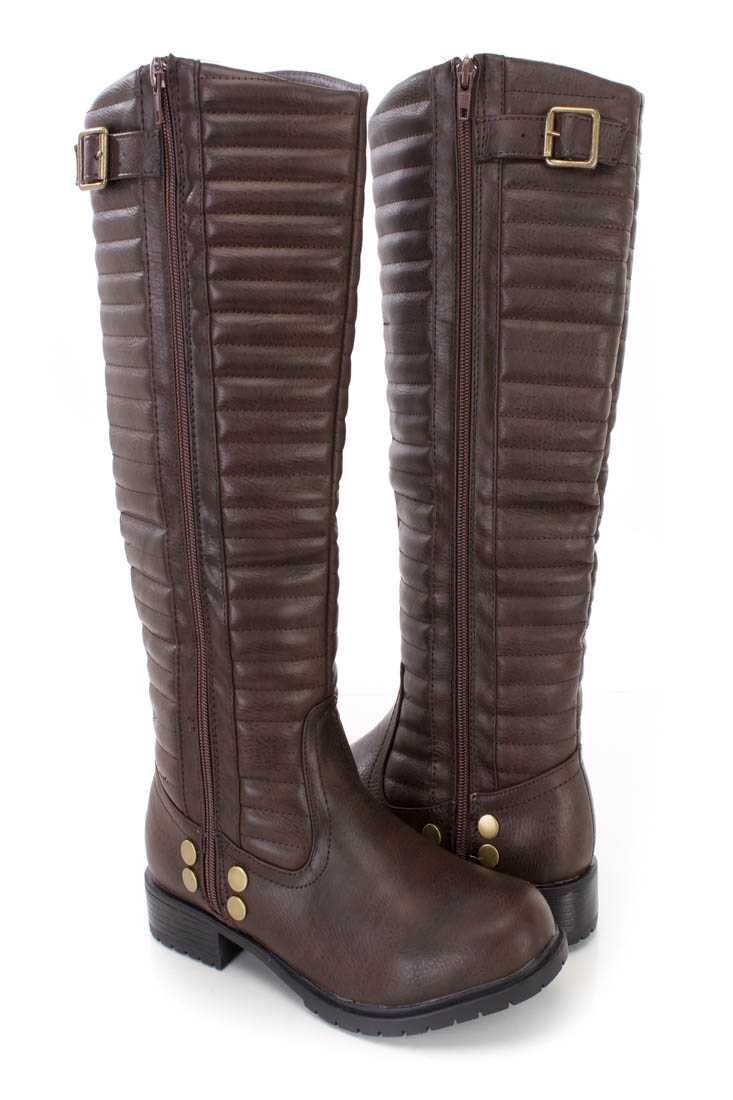 Brown Stitched Shaft Riding Boots Faux Leather