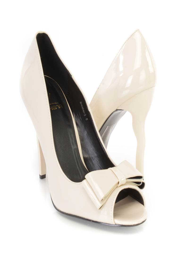 Nude Peep Toe Bow Tie Single Sole Pump High Heels Patent