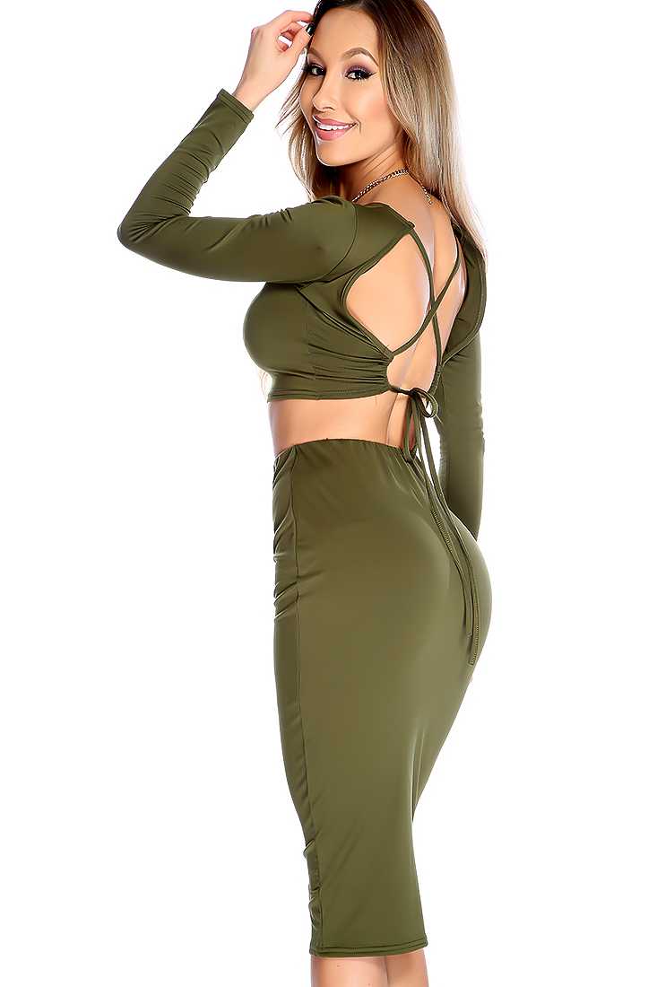 Sexy Olive Cross Strap High Waist 2 Piece Dress