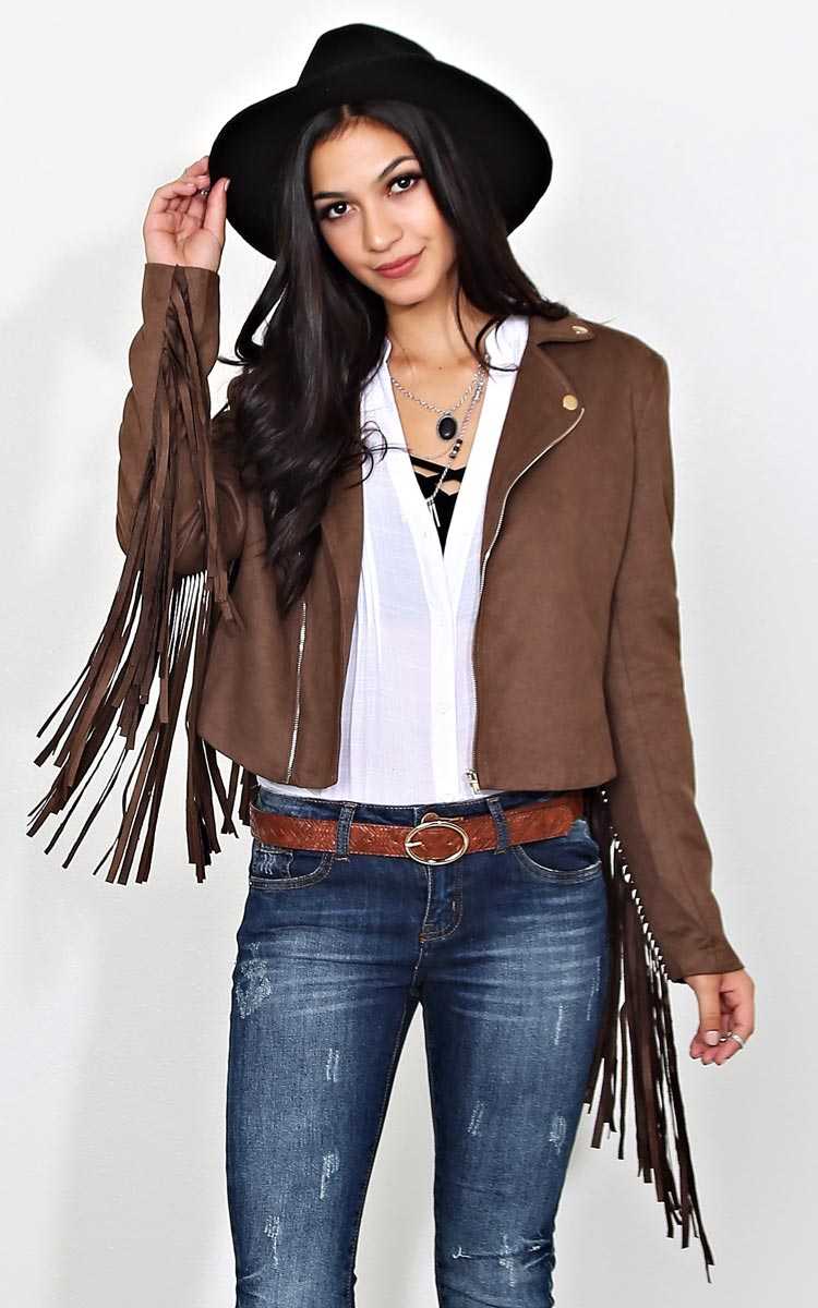 Ryder Fringe Moto Jacket - SML - Brown in Size Small by Styles For Less