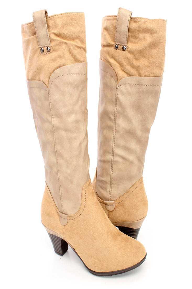 Nude Two Tone Knee High Boots Faux Leather Suede